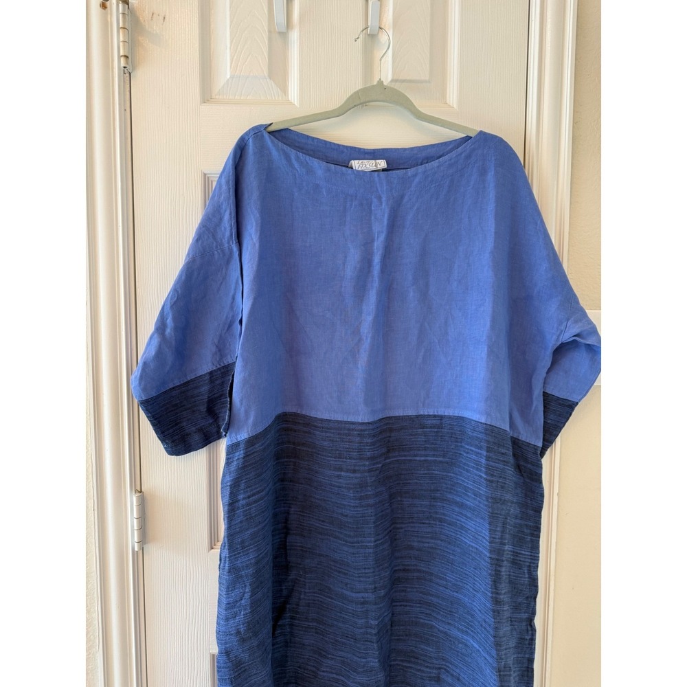 La Fixsun Blue Linen Colorblock Midi Dress Lagenlook Oversized Made in USA Large - Picture 2 of 8